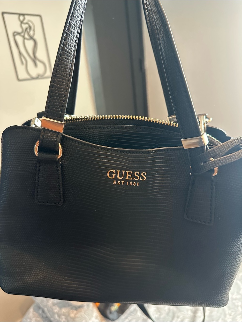 Guess Black Textured Satchel with Gold Accents